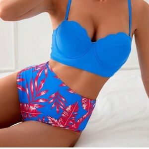 Blue and Red Leaf Print Women's Swimwear